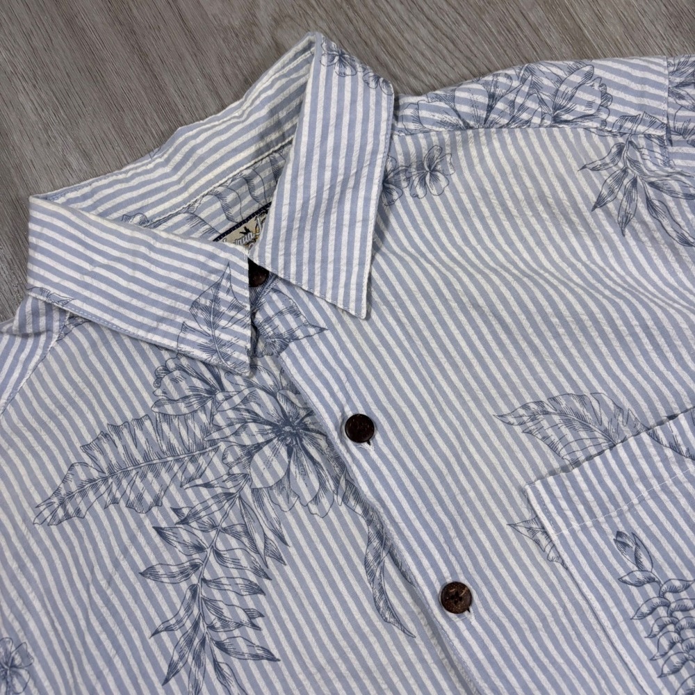 Havana Jack's Cafe Mens Blue White Hawaiian Tropical Seersucker Button Up Shirt